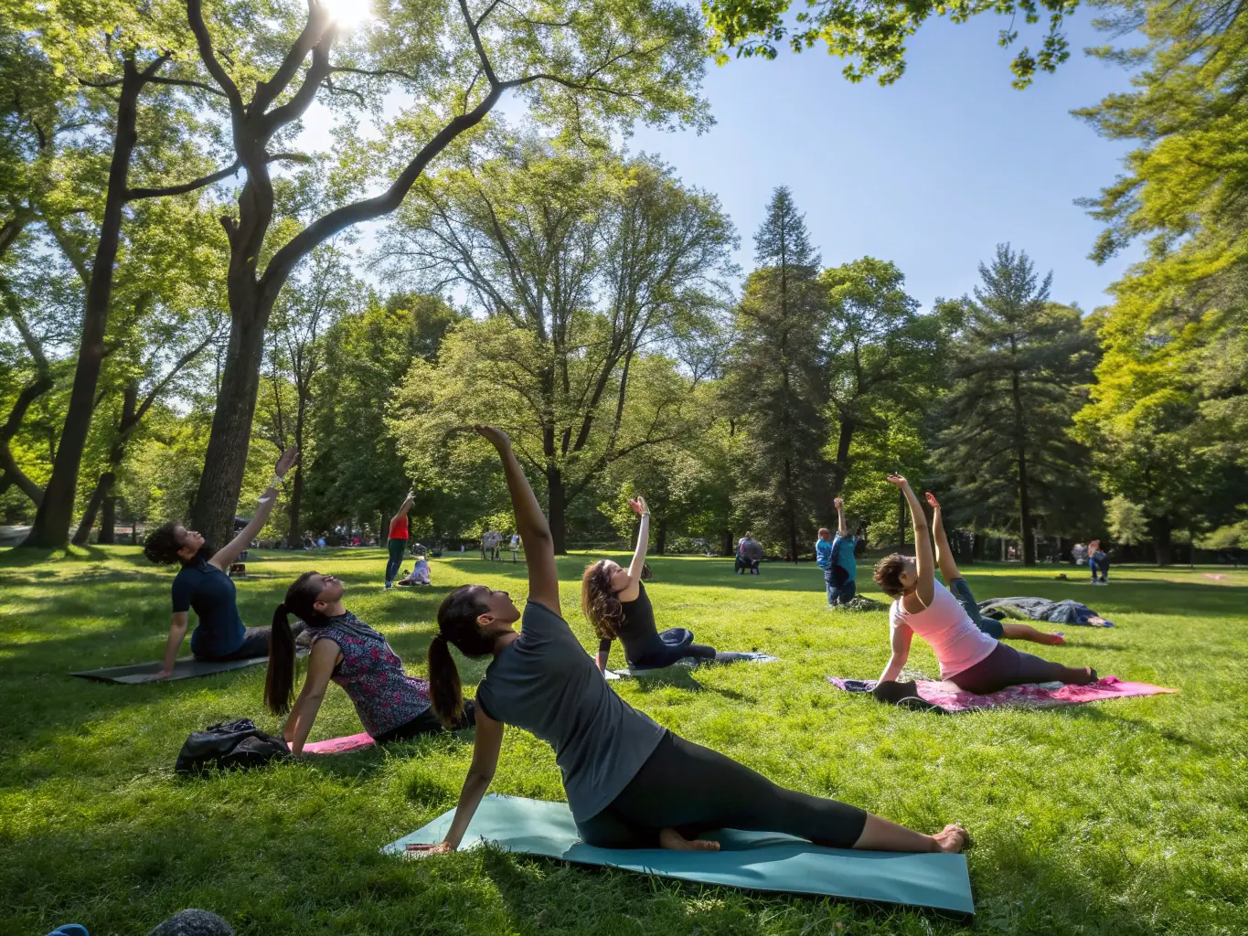 A serene image of students practicing yoga outdoors in a park setting, emphasizing relaxation and mindfulness.