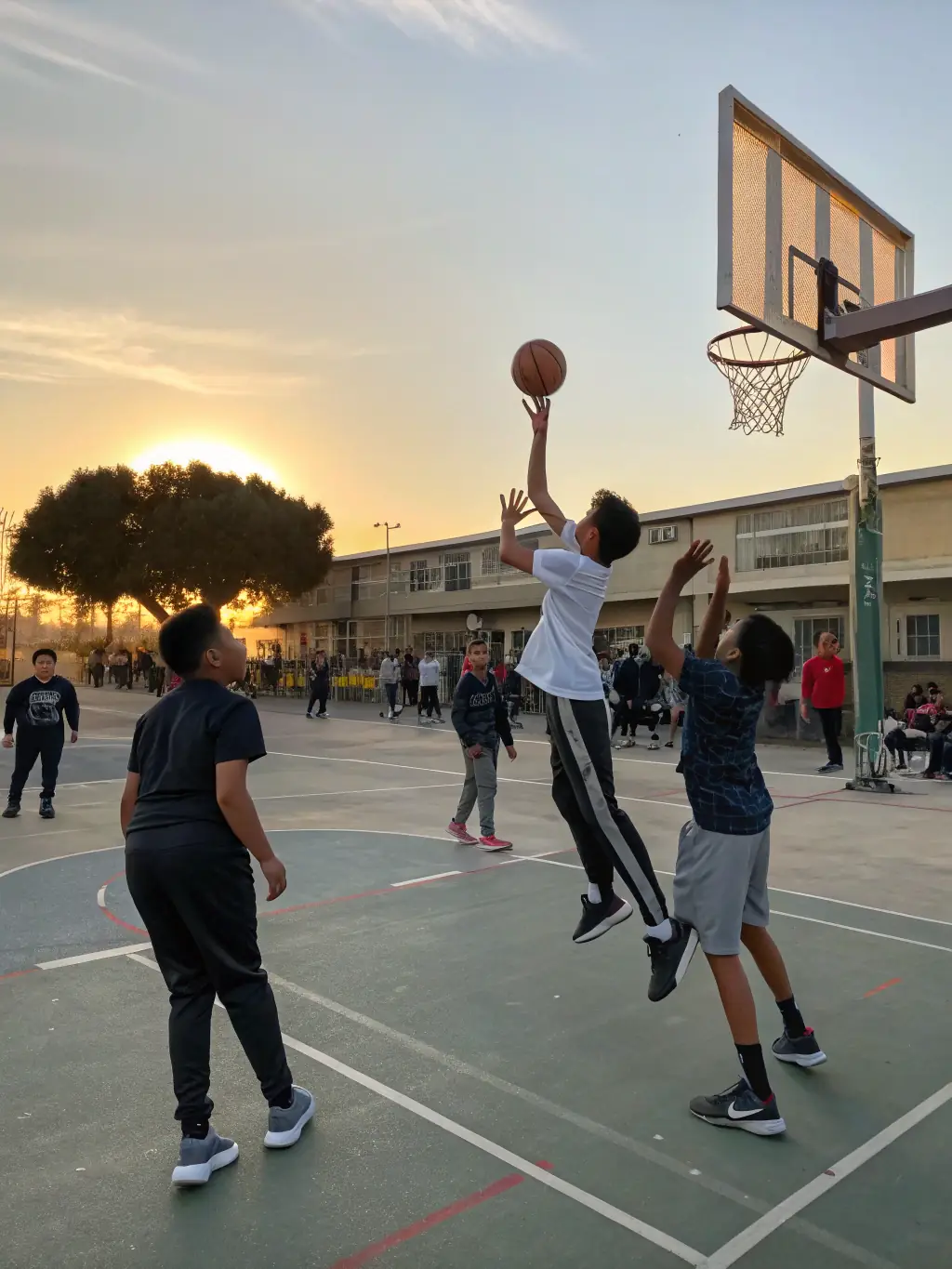 Students laughing and interacting during a basketball game, highlighting the social benefits of sports.