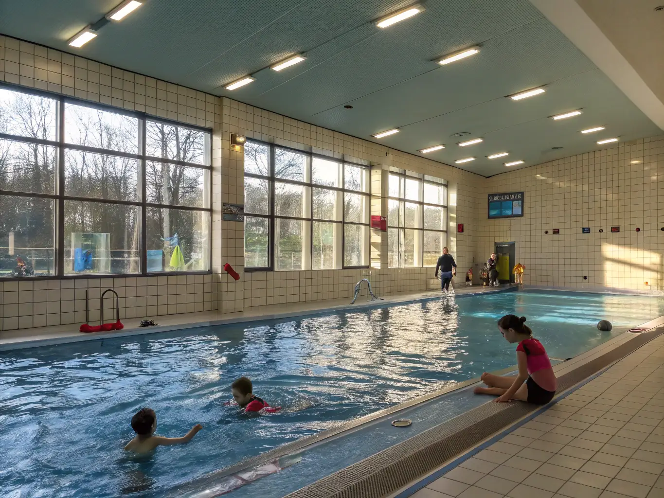 An energetic image of students swimming laps in an indoor pool, highlighting the benefits of aquatic exercise.
