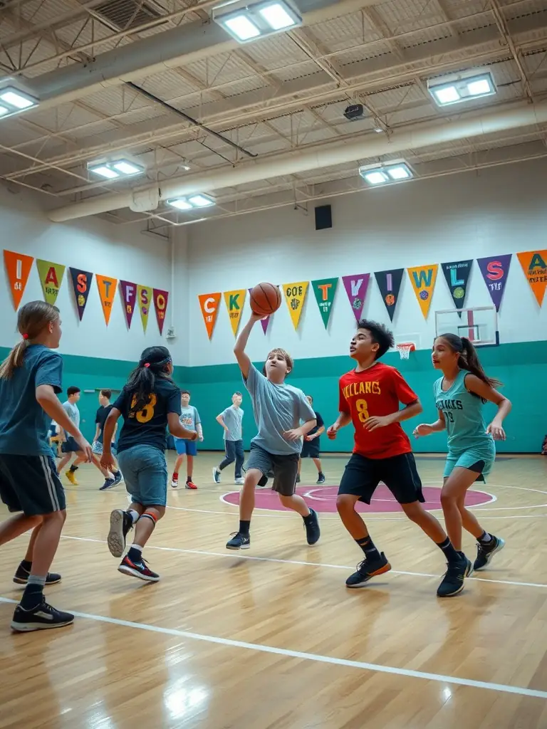 A vibrant image of students participating in a basketball game indoors, showcasing teamwork and athletic skill.
