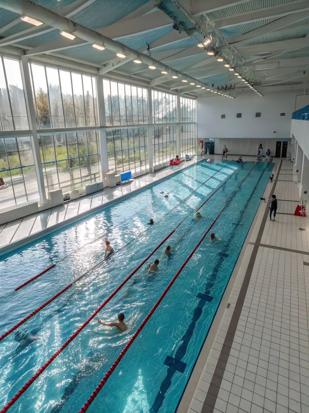 An energetic image of students swimming laps in an indoor pool, highlighting fitness, endurance, and aquatic skills.
