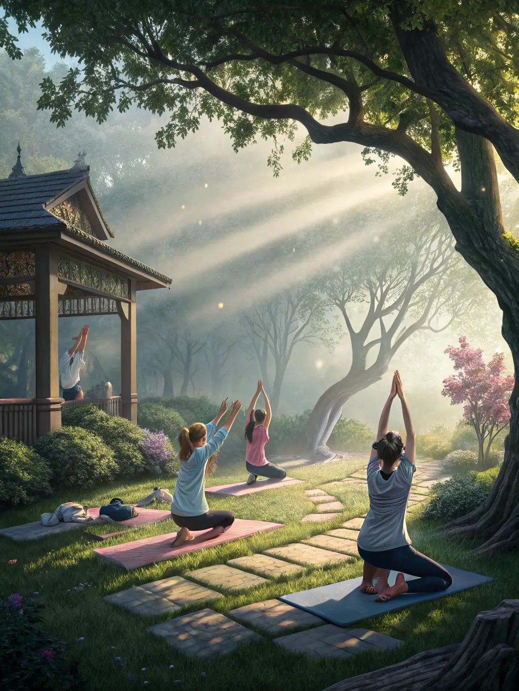 A diverse group of students practicing yoga outdoors, emphasizing inclusivity and well-being.