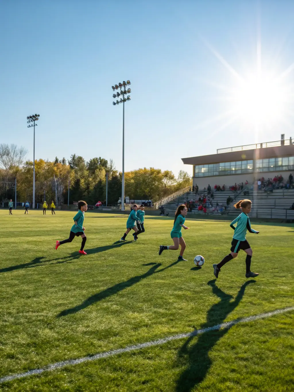 A lively image of students playing football on a green field, emphasizing teamwork, physical activity, and sportsmanship.