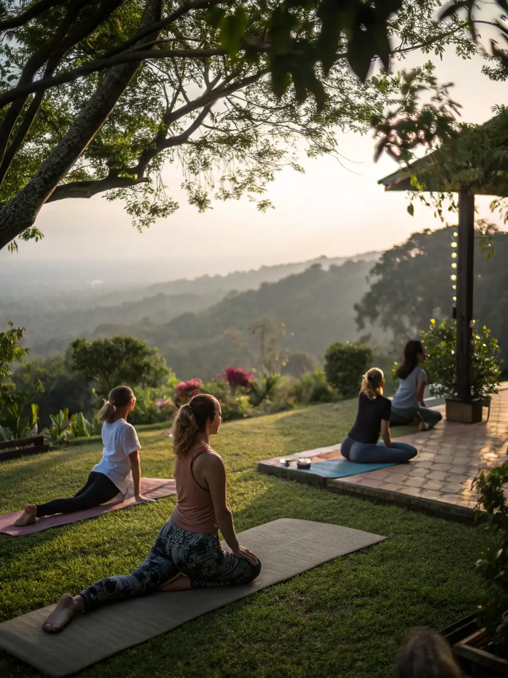 A dynamic image of students practicing yoga outdoors in a park, emphasizing flexibility, mindfulness, and relaxation.